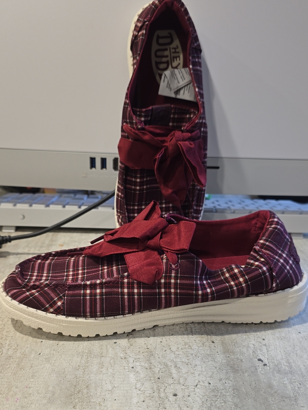 Hey Dude Women's Wendy Burgundy Plaid Slip-On Moccasins with Bow